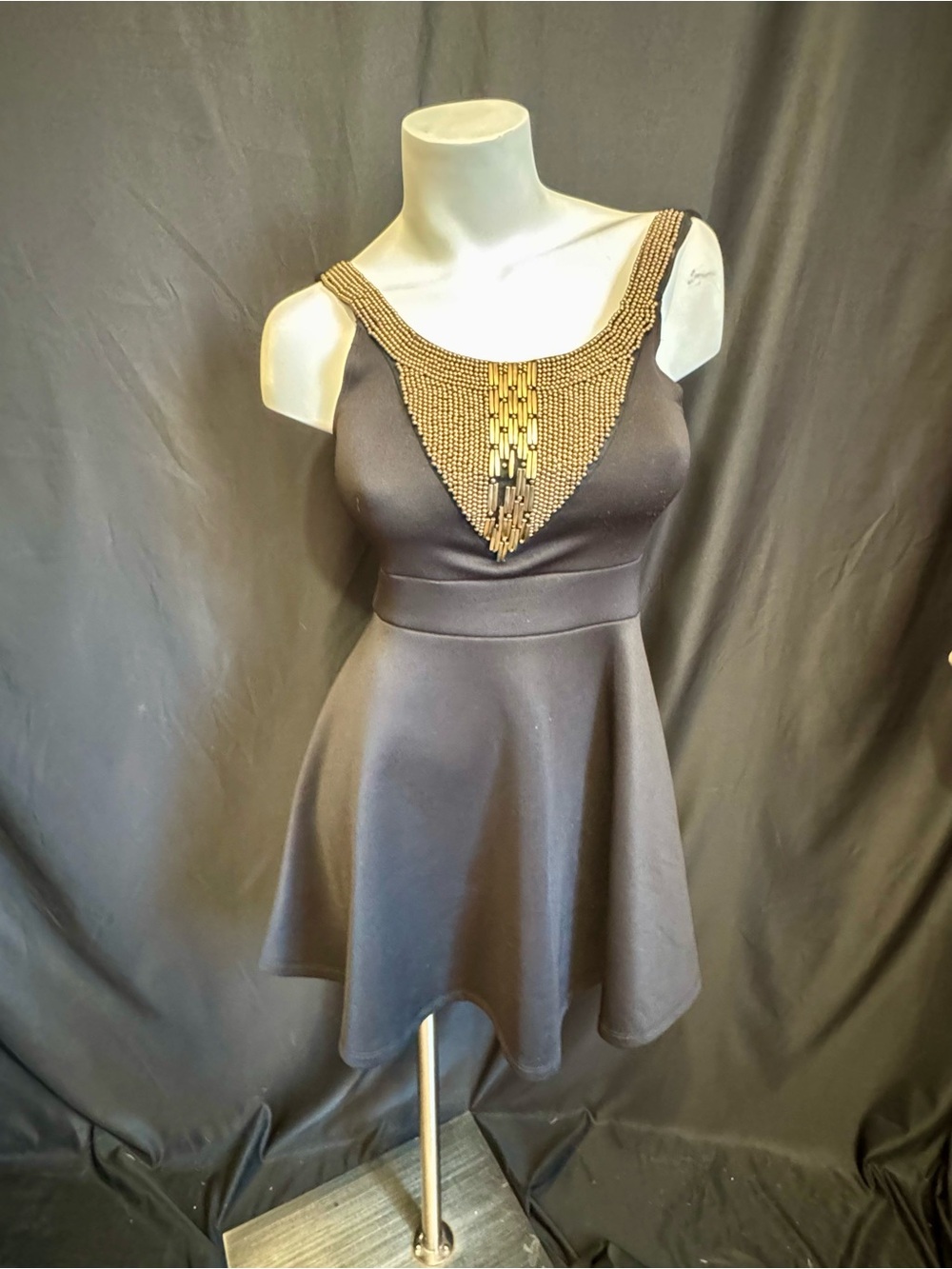 Gold Embellished Black Fit-and-Flare Dress